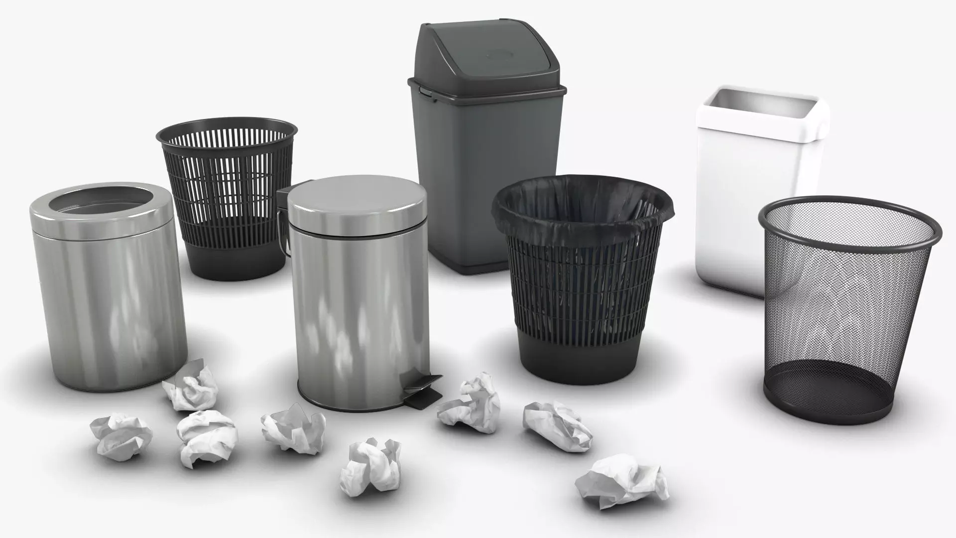 Trash bin and crumpled paper collection 3D model_0