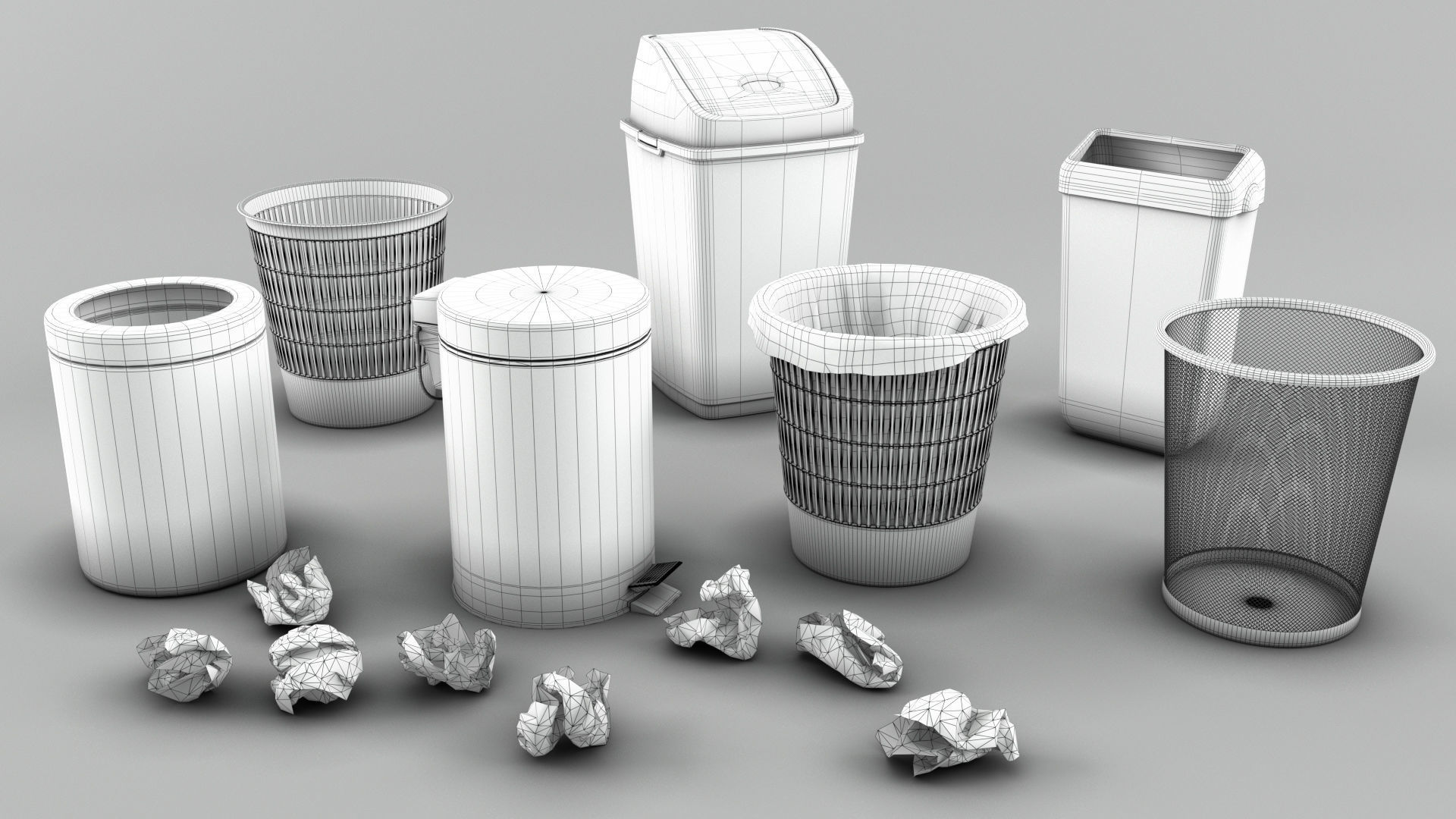 Trash bin and crumpled paper collection 3D model_13