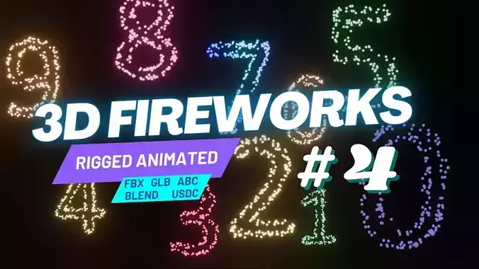 Fireworks Rigged Animated Set 4 Numbers Low-poly 3D model