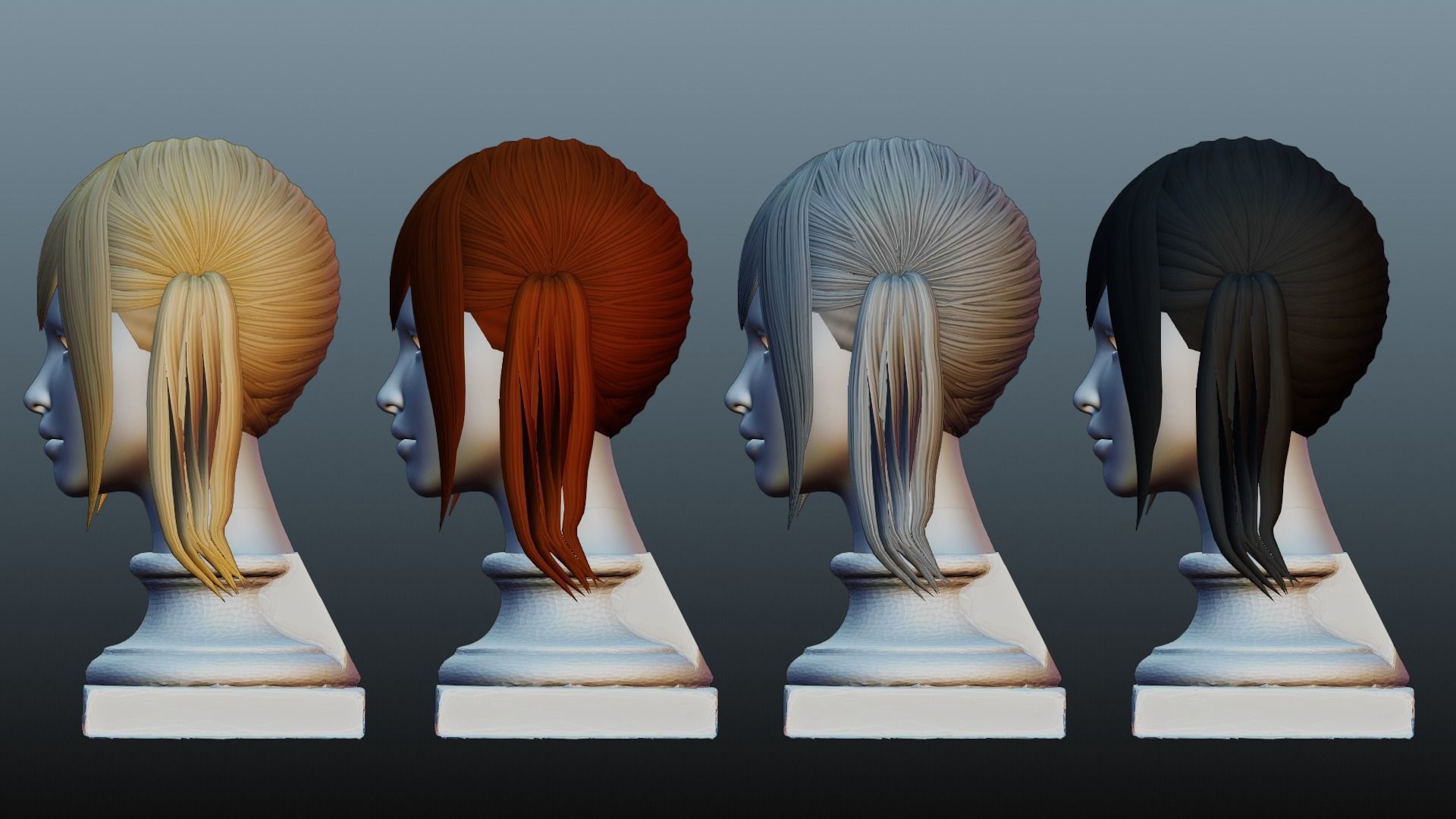 Female hair 4 color Low-poly 3D model_2