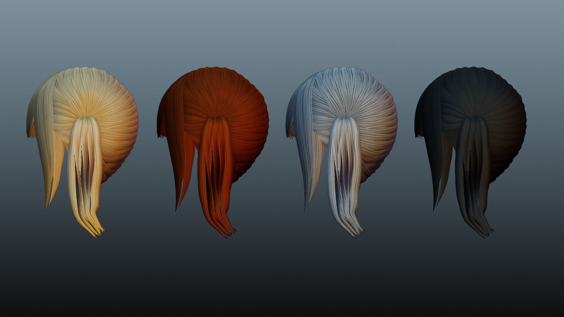 Female hair 4 color Low-poly 3D model_6