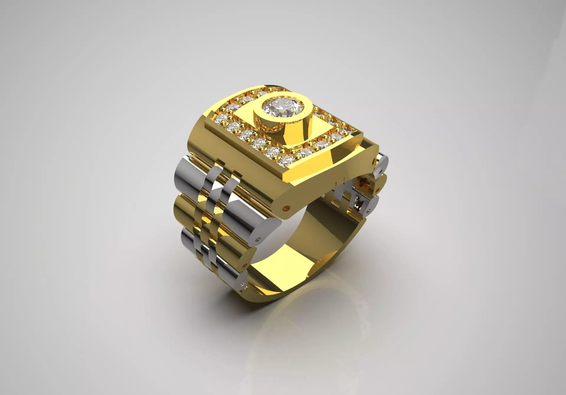 Two-tone gold man stl rolex ring  diamond design model ror0018 3D print model_0