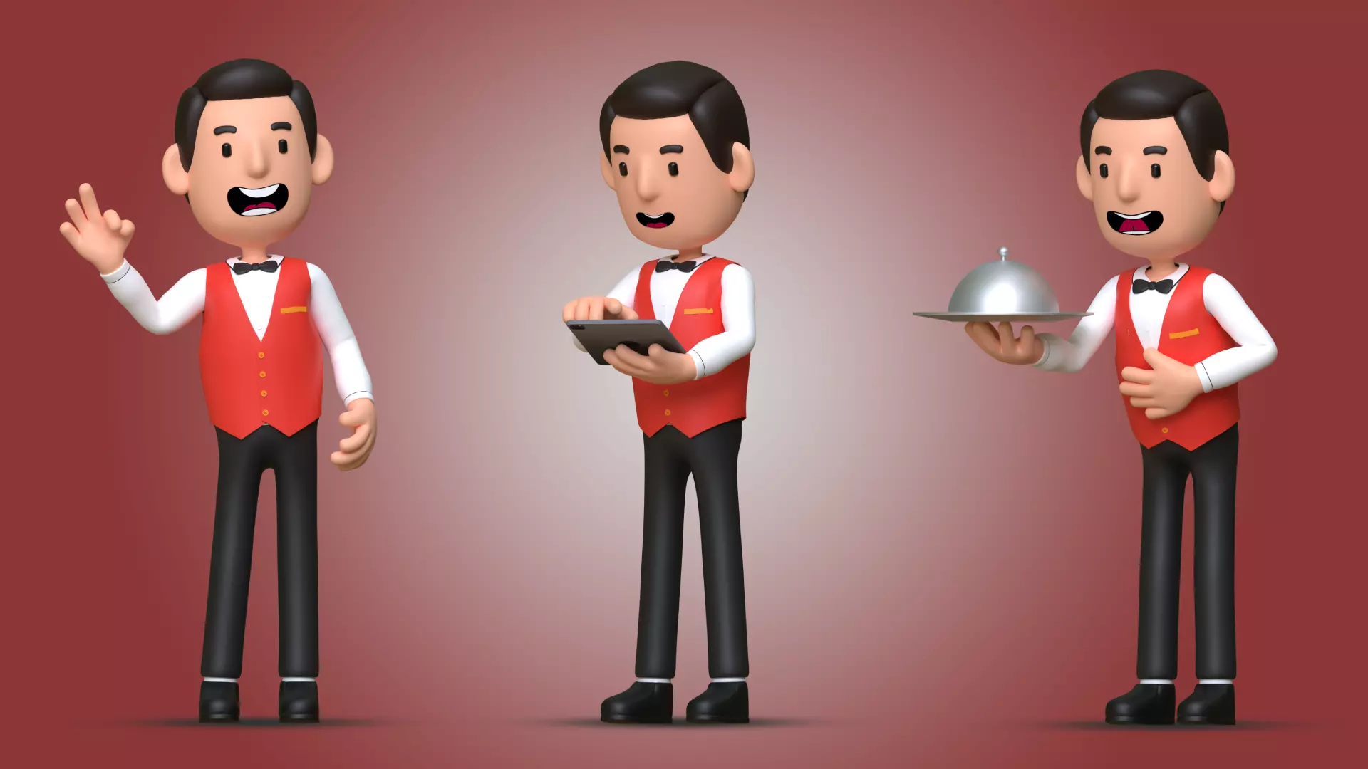 Waiter Cartoon Character Male 002 Low-poly 3D model