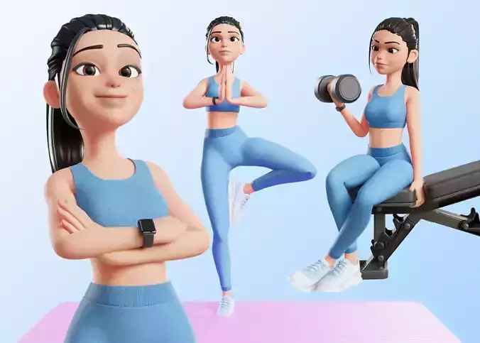 Cartoon Sports Gym Fitness Girl Woman Low-poly 3D model