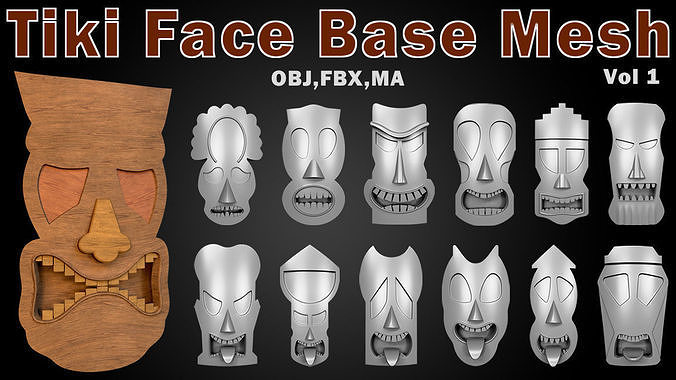 35 Tiki Face 3D Mesh Base and High Vol 1 Low-poly 3D model