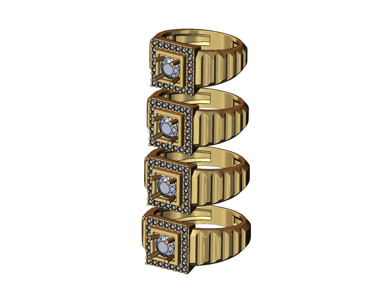 Fluted shank square cluster diamond ring US sizes 7to10 3D print model_3