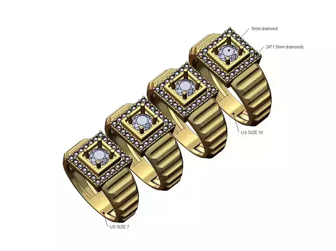 Fluted shank square cluster diamond ring US sizes 7to10