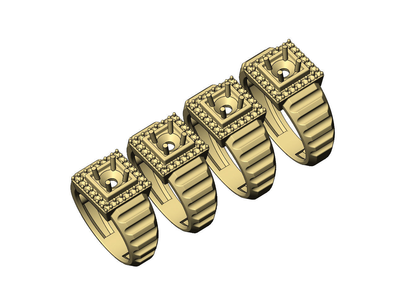 Fluted shank square cluster diamond ring US sizes 7to10 3D print model_5