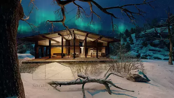 3D beach house interior with photorealistic rendering 