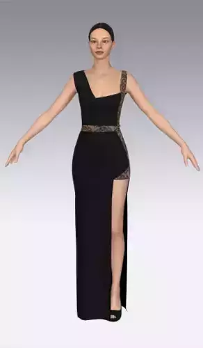 Dress asymetric neckline and lace  Low-poly 3D model