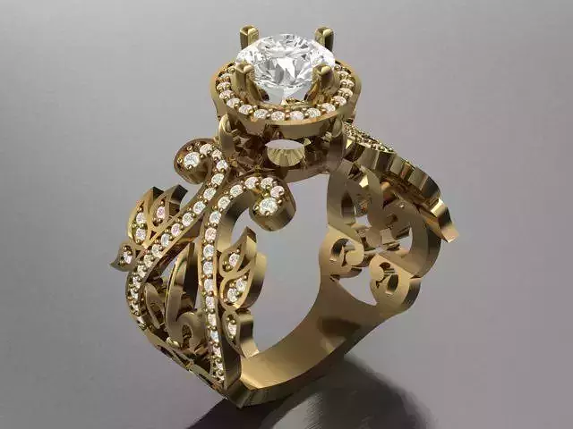 Intricate Floral Gold Engagement Ring 3D 