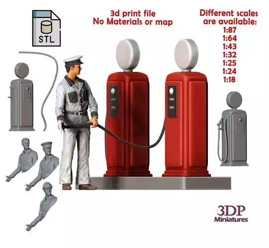 Gas Station Worker 1950s with old Gas Pump 3D print model