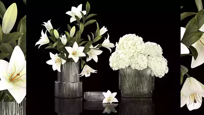 White bouquets of flowers hydrangea lilies glass vase 355