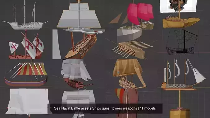 Sea Naval Battle assets Ships guns  towers weapons 3D Model Collection