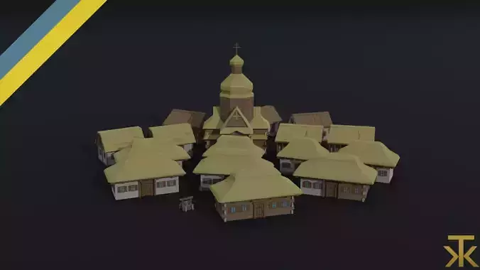 Cartoon medieval Ukraine village Polygonal Style