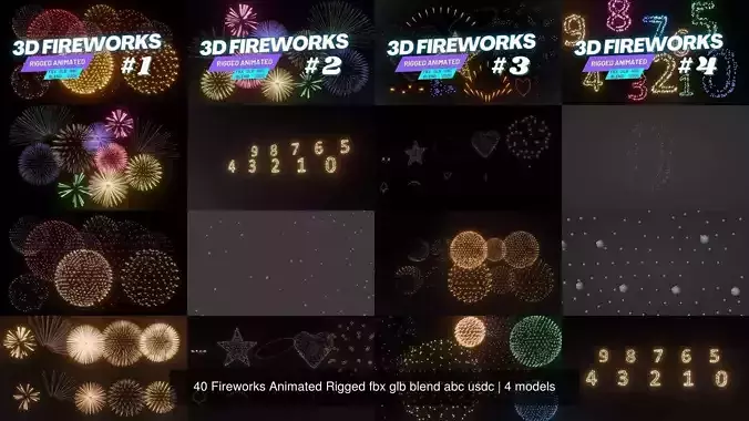 40 Fireworks Animated Rigged fbx glb blend abc usdc