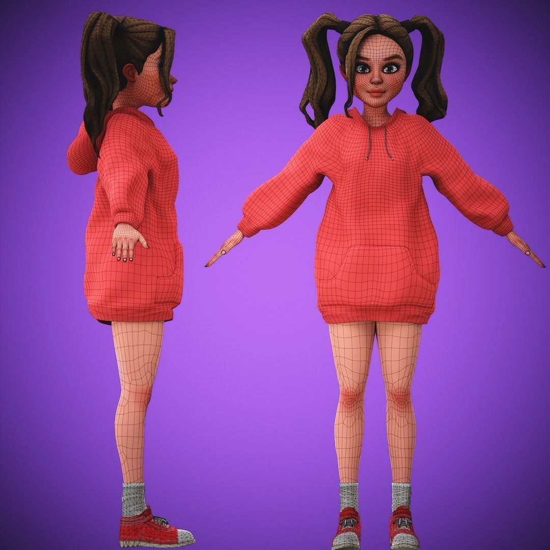 Game Cartoon Girl Character Suzie rigged Low-poly 3D model_7