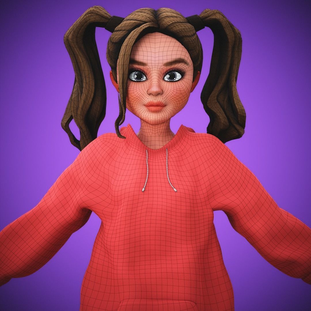 Game Cartoon Girl Character Suzie rigged Low-poly 3D model_9