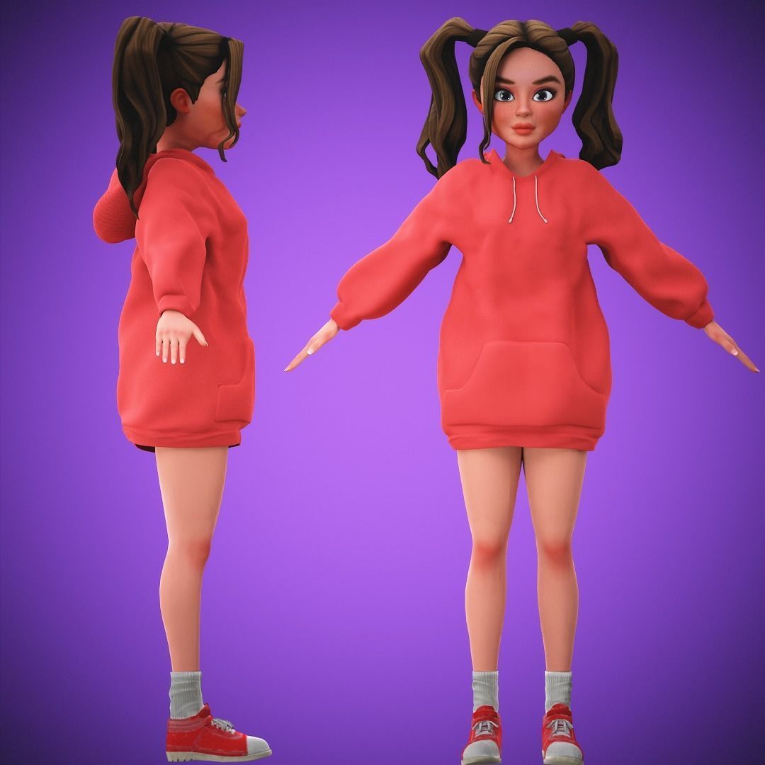 Game Cartoon Girl Character Suzie rigged Low-poly 3D model_5