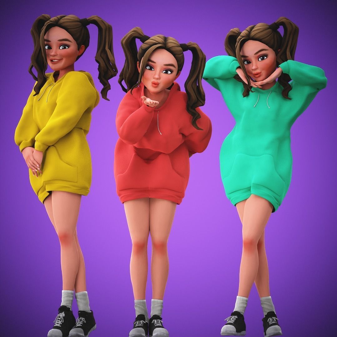 Game Cartoon Girl Character Suzie rigged Low-poly 3D model_6
