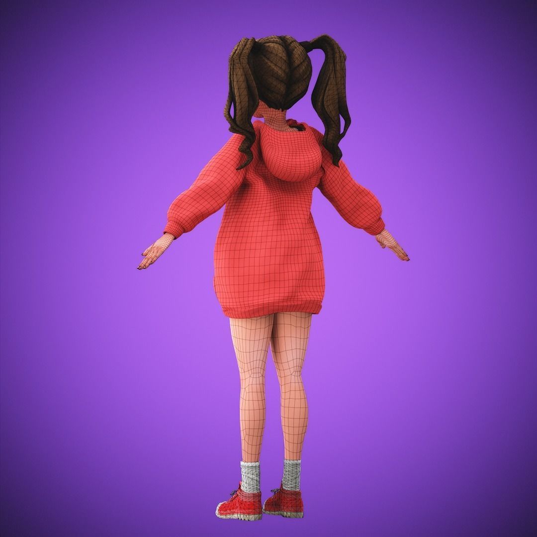 Game Cartoon Girl Character Suzie rigged Low-poly 3D model_13