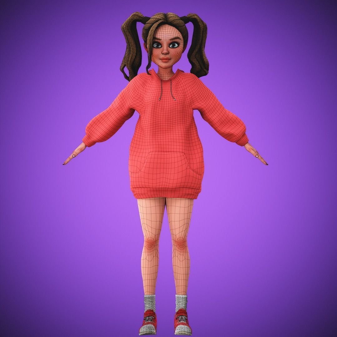 Game Cartoon Girl Character Suzie rigged Low-poly 3D model_11