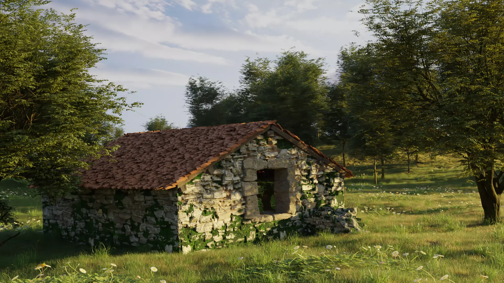 Nature Landscape Scene with Abandoned house 3D model