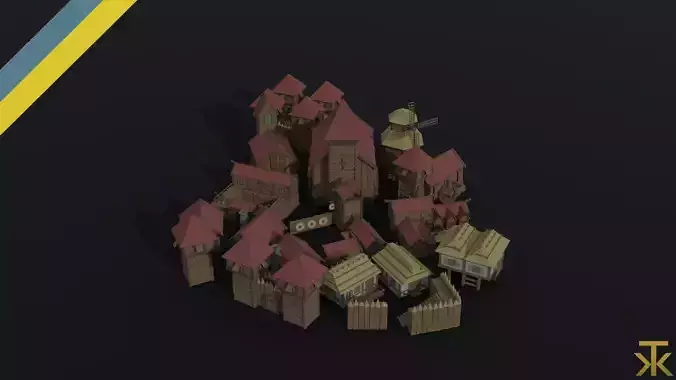 Cartoon medieval wood city asset Polygonal Style Low-poly 3D model