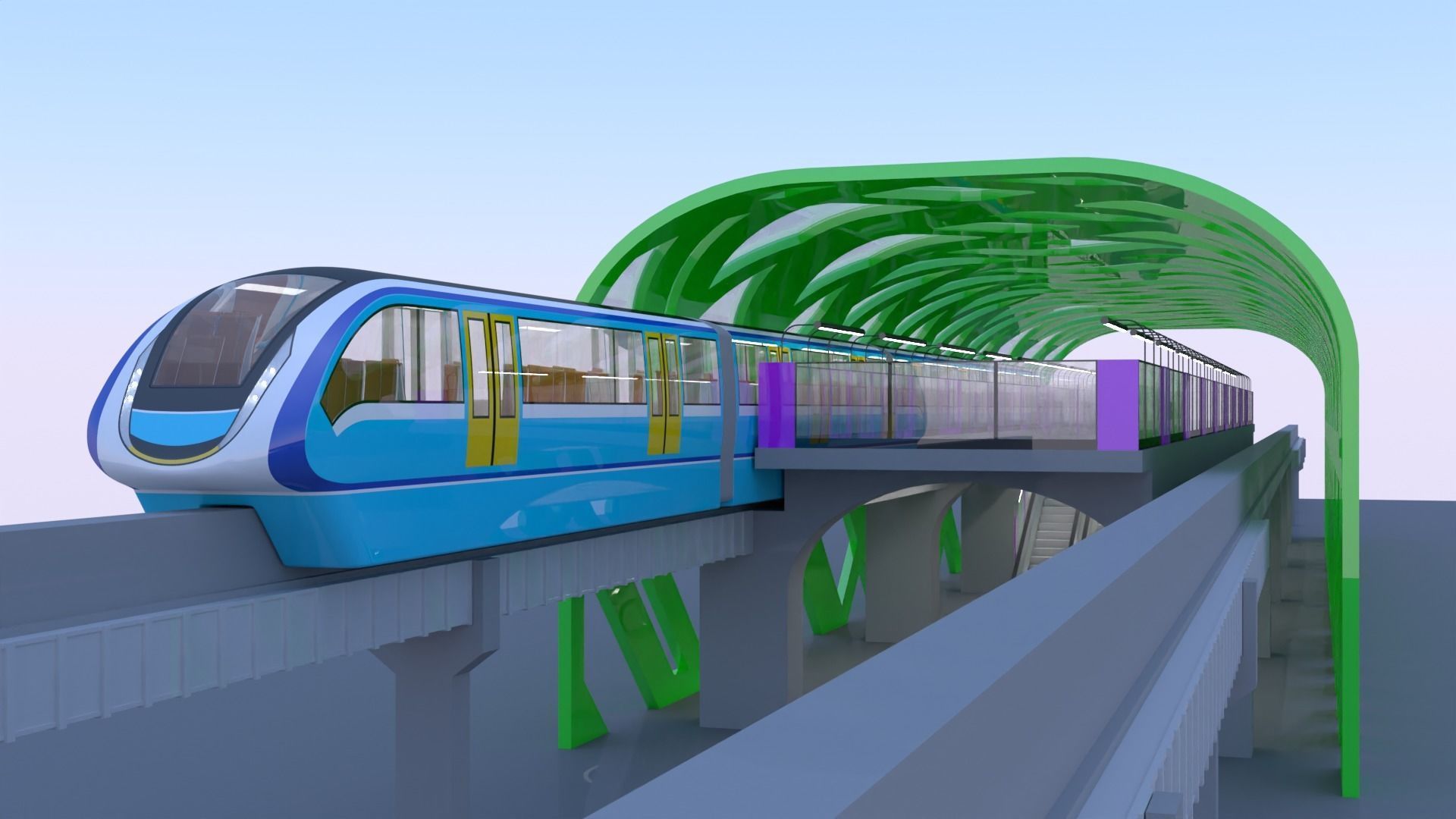 Monorail station with train 2024 V 3D model_8
