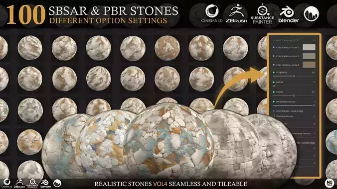 100 Mega SBSAR-PBR Stones Materials