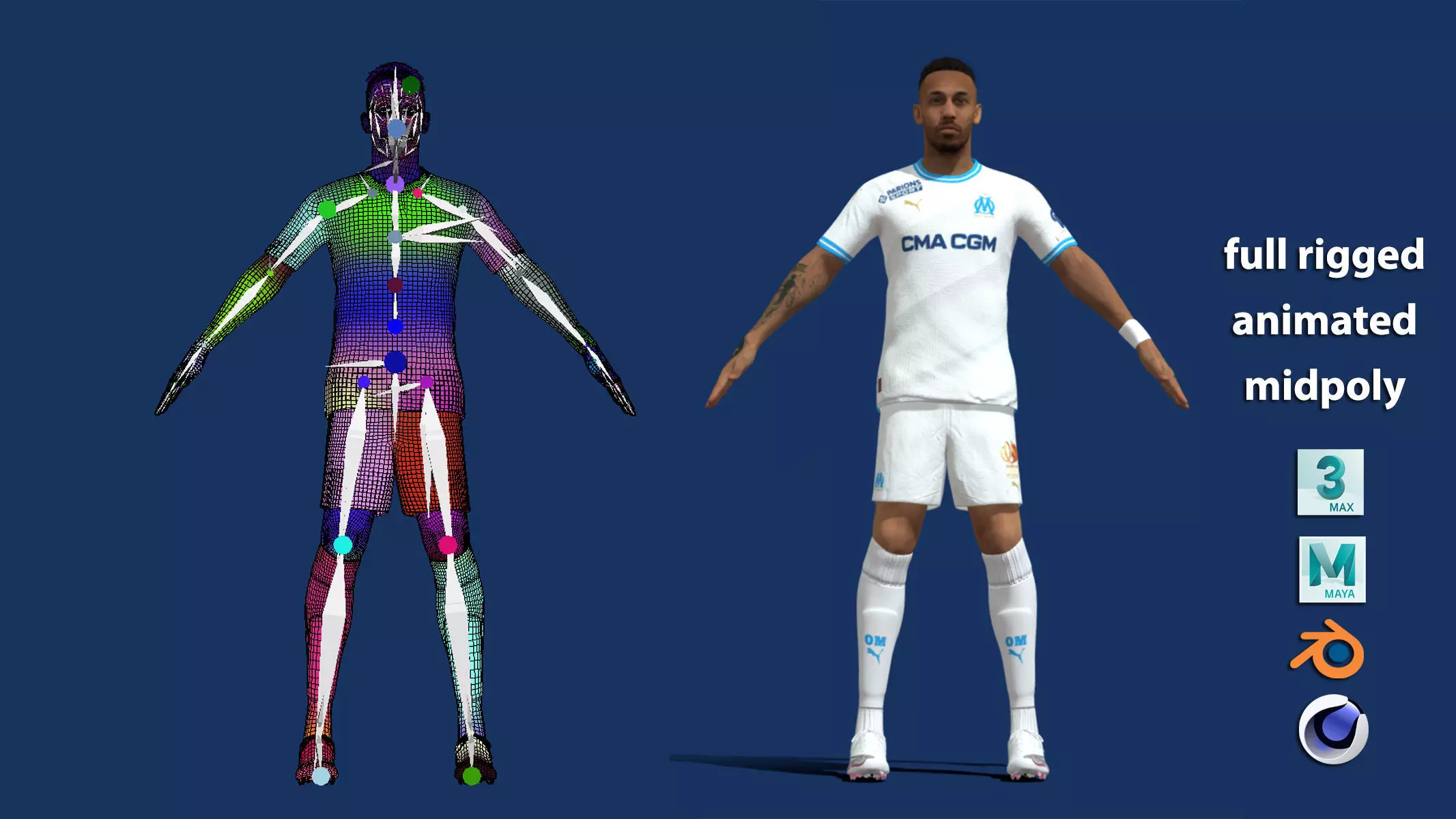 T-Pose body - face rigged Aubameyang Marseille 23-24 3D model
