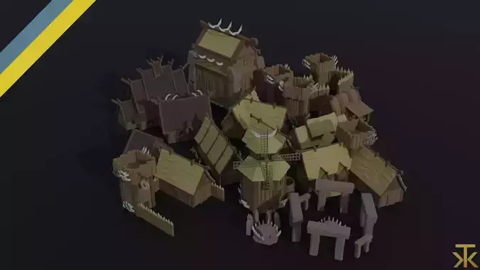 Cartoon viking city asset Polygonal Style Low-poly 3D model