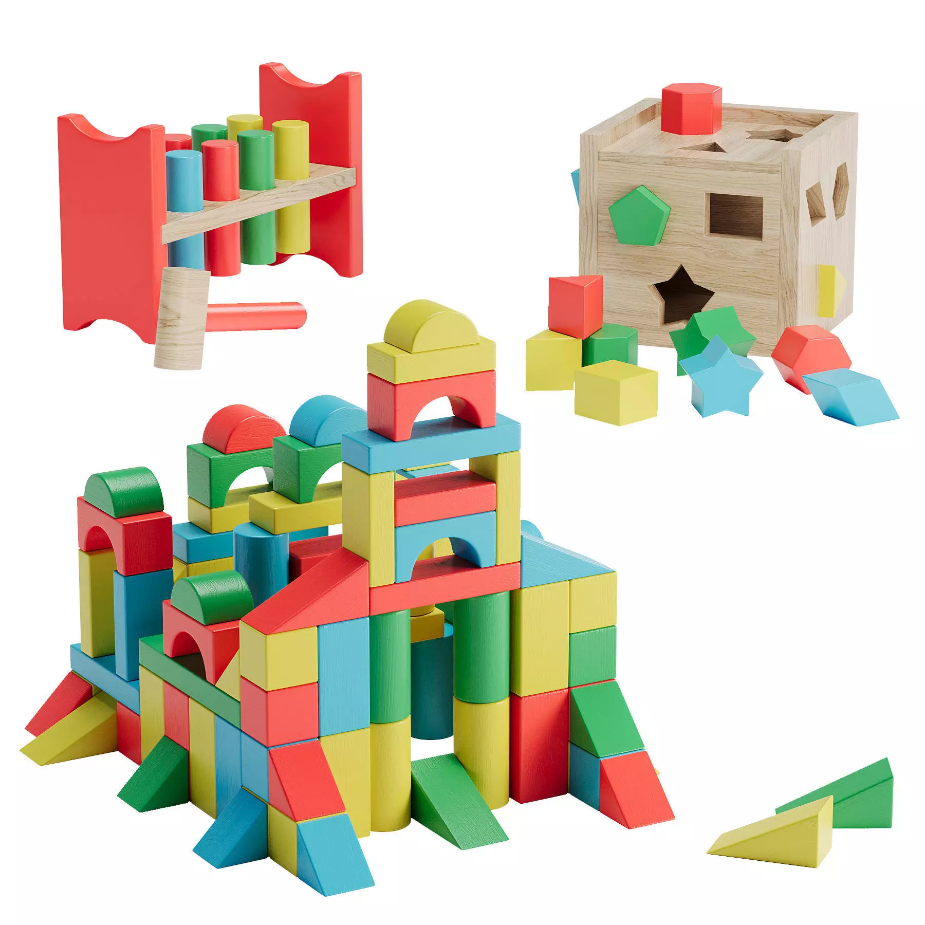 Stack Sort and Pound Wooden Toy Collection 3D model