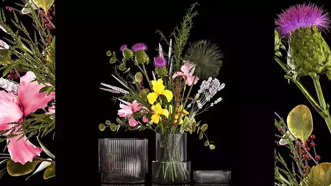 Bouquet of flowers branches thistles irises Ilex Lavender 356 3D model