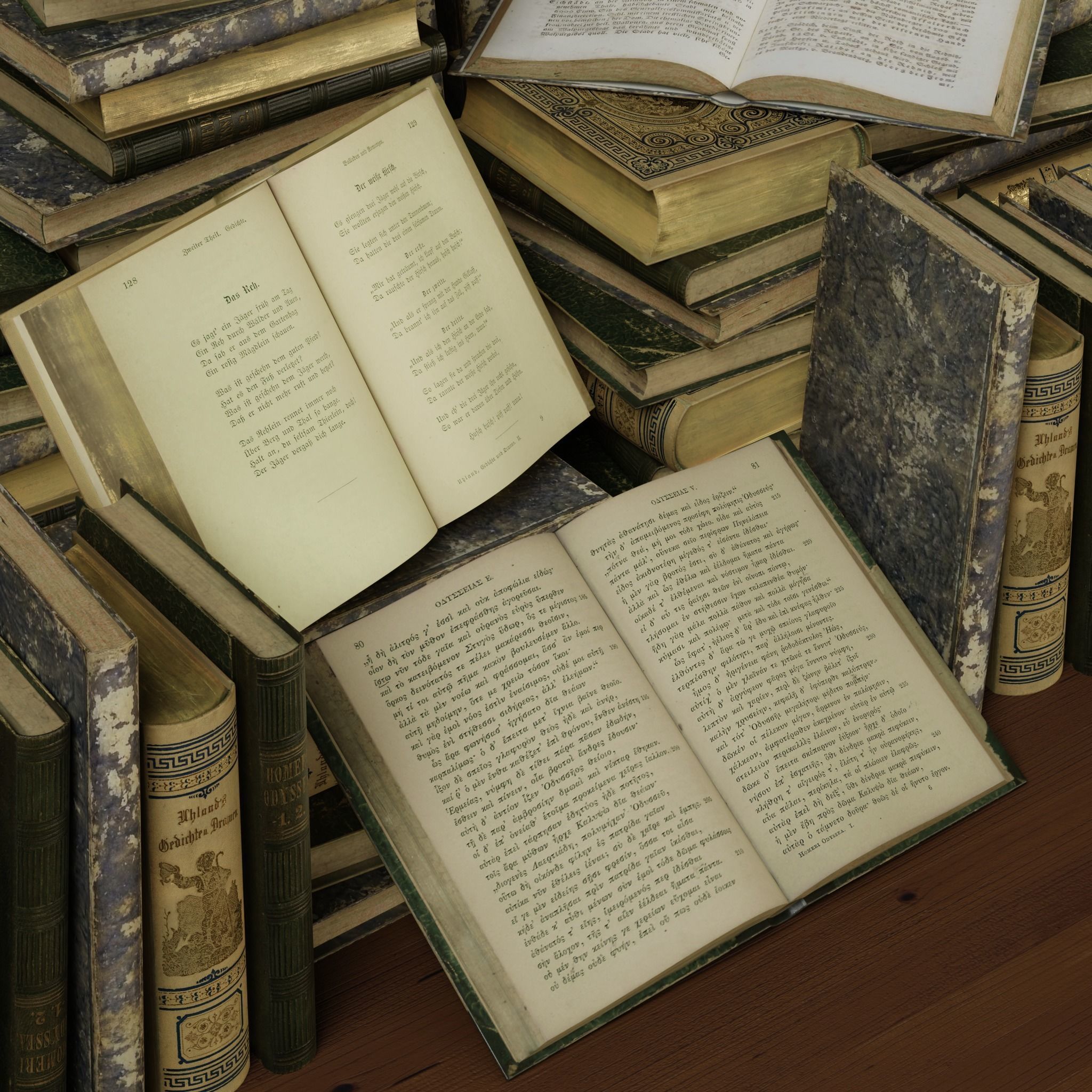 3 Worn Ancient Books - closed and opened Low-poly 3D model_21
