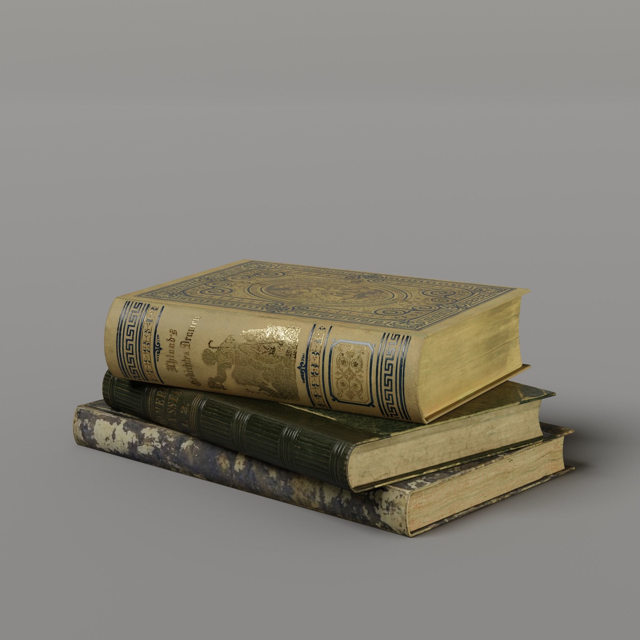 3 Worn Ancient Books - closed and opened Low-poly 3D model_18