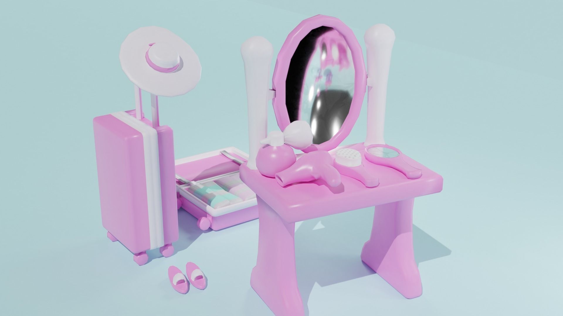 Pink Dollhouse Stuff Low-poly 3D model_1