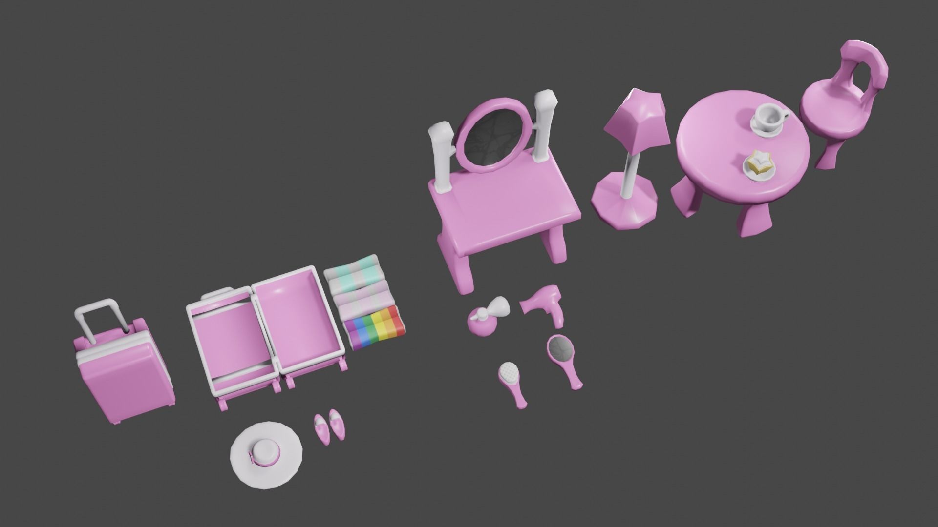 Pink Dollhouse Stuff Low-poly 3D model_7