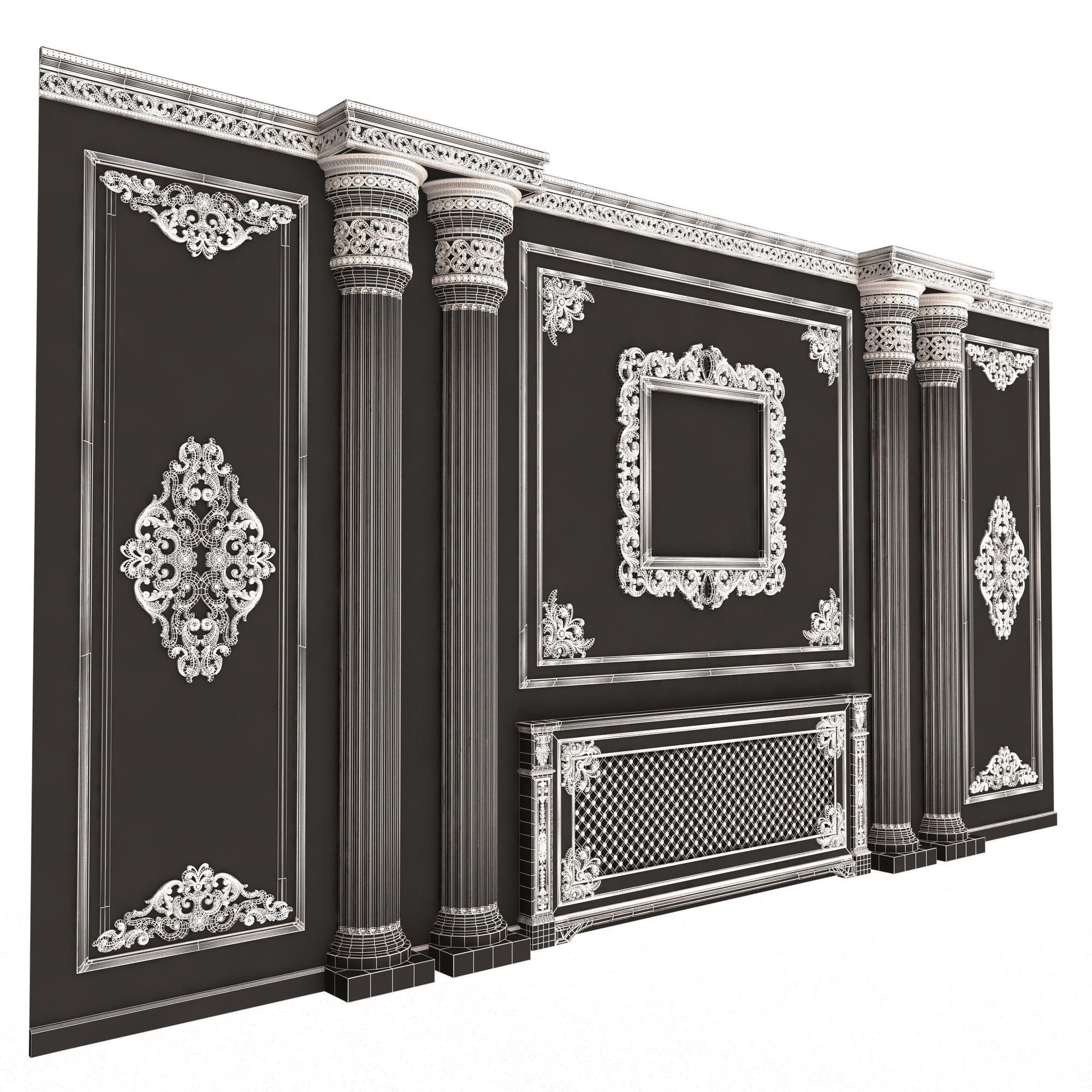 Boiserie Classic Wall with Mouldings 01 Black Low-poly 3D model_9