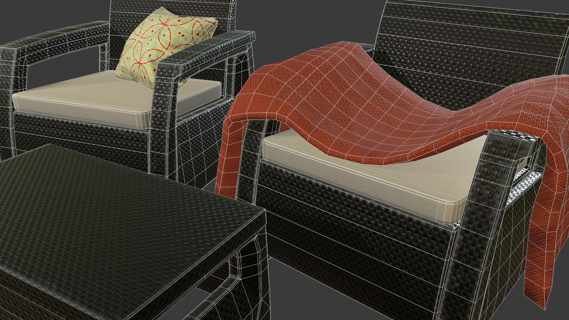 Rattan Garden Furniture Set Low-poly 3D model_14