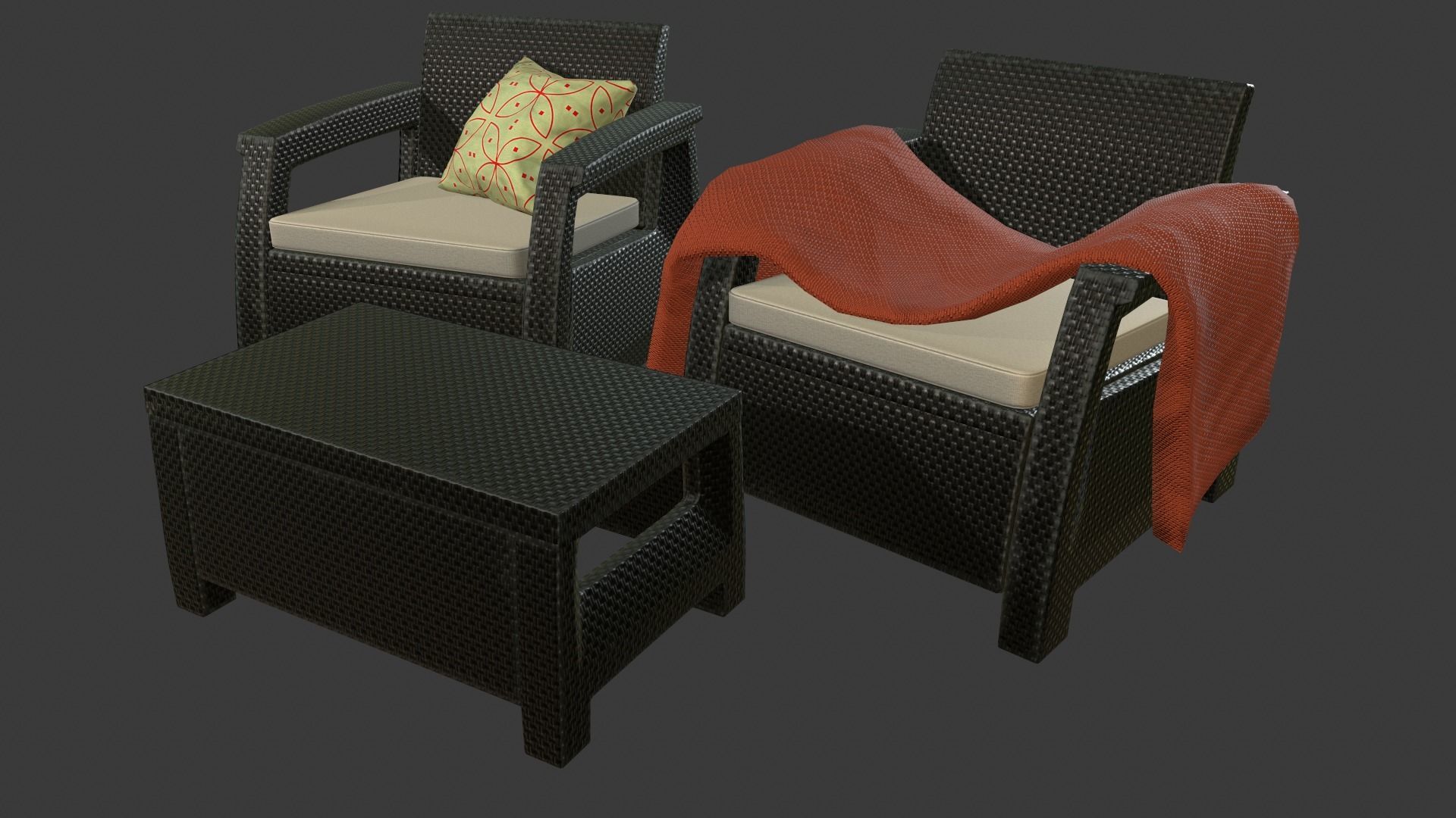 Rattan Garden Furniture Set Low-poly 3D model_12
