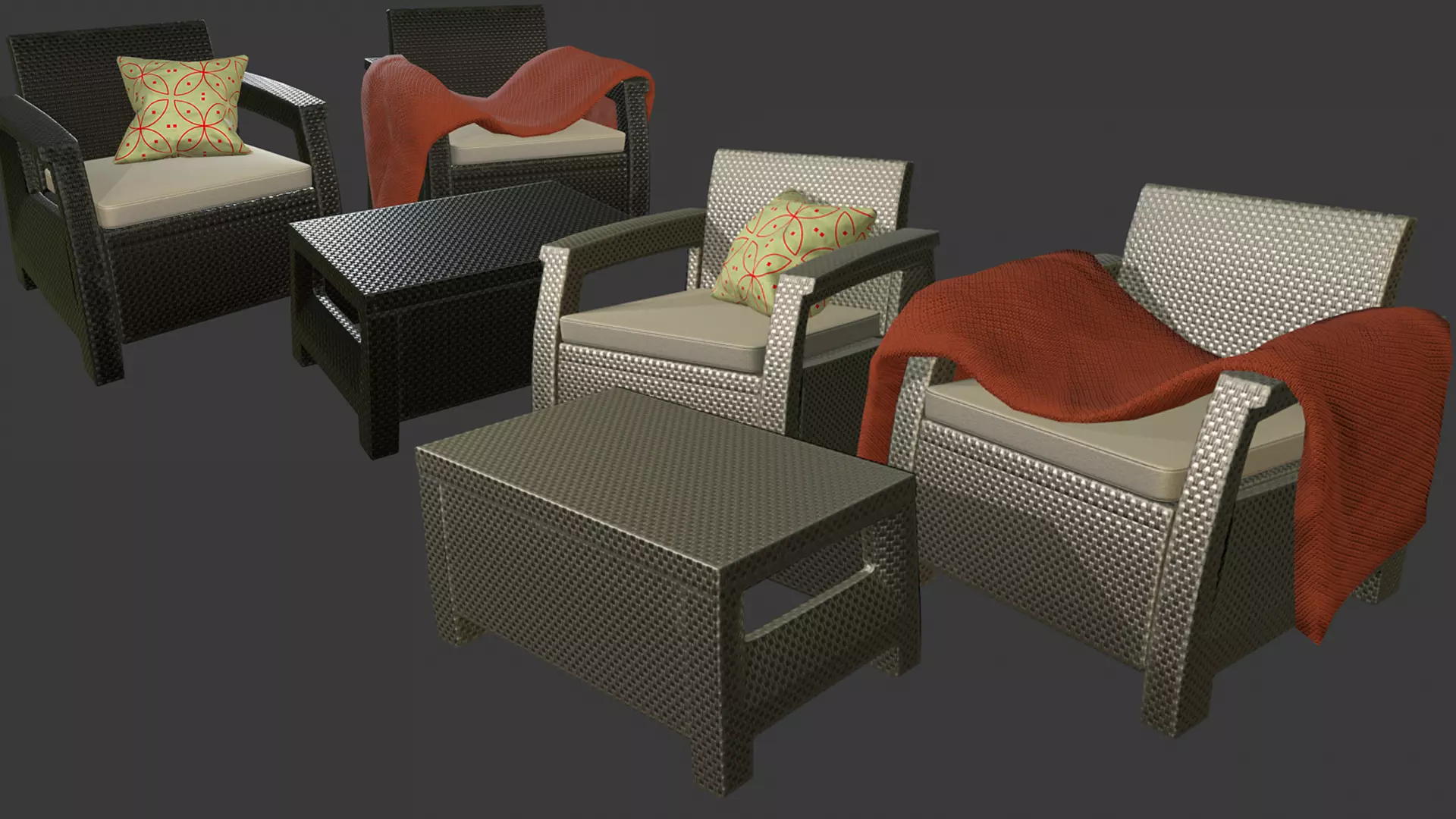 Rattan Garden Furniture Set Low-poly 3D model_0