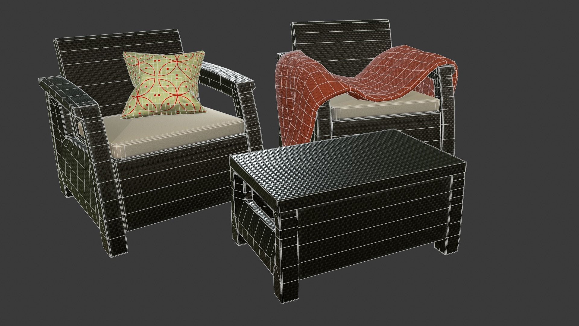 Rattan Garden Furniture Set Low-poly 3D model_11