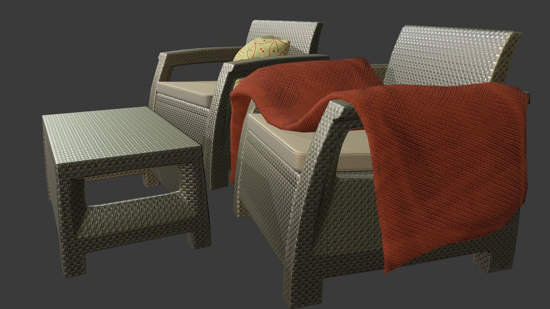 Rattan Garden Furniture Set Low-poly 3D model_9