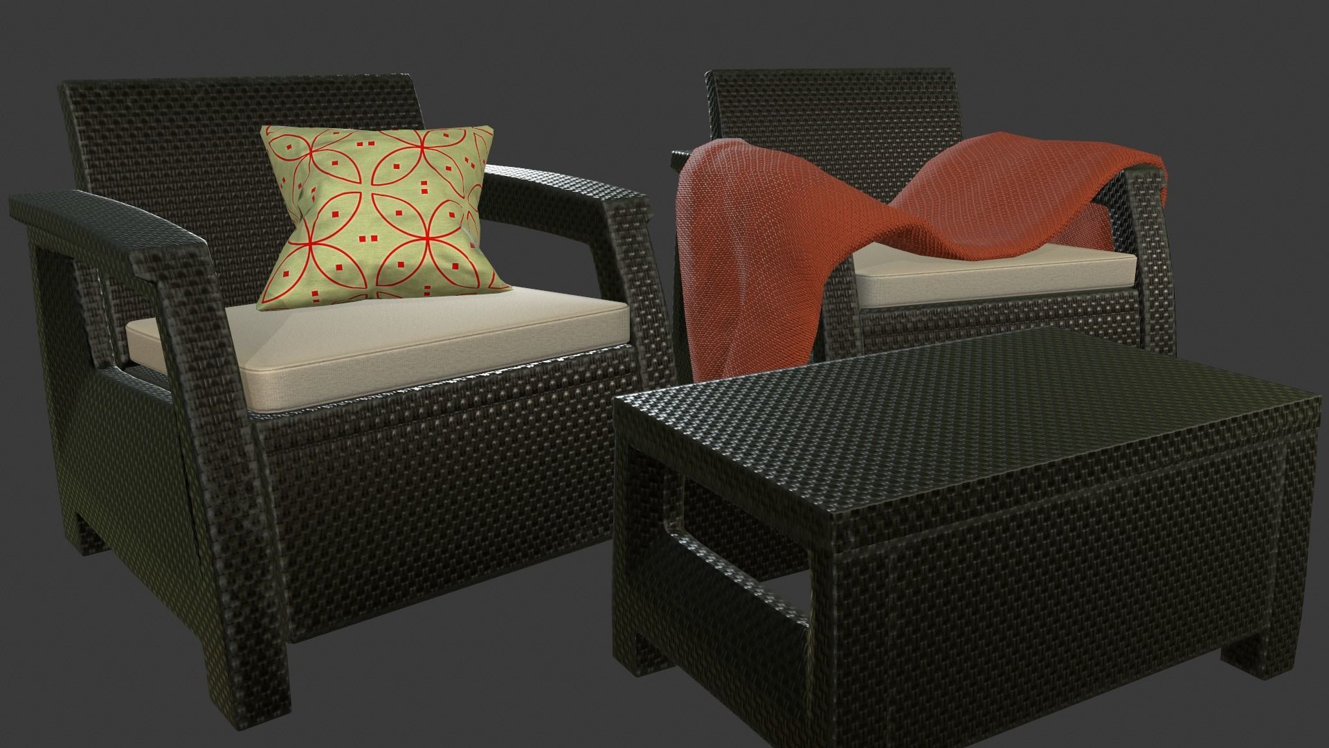 Rattan Garden Furniture Set Low-poly 3D model_2