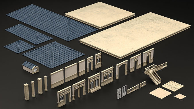 CLASSIC EUROPEAN KITBASH 01 MODULAR BUILDING WITH INTERIOR Low-poly 3D model