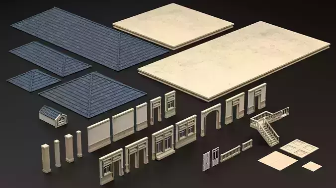 CLASSIC EUROPEAN KITBASH 01 MODULAR BUILDING WITH INTERIOR Low-poly 3D model