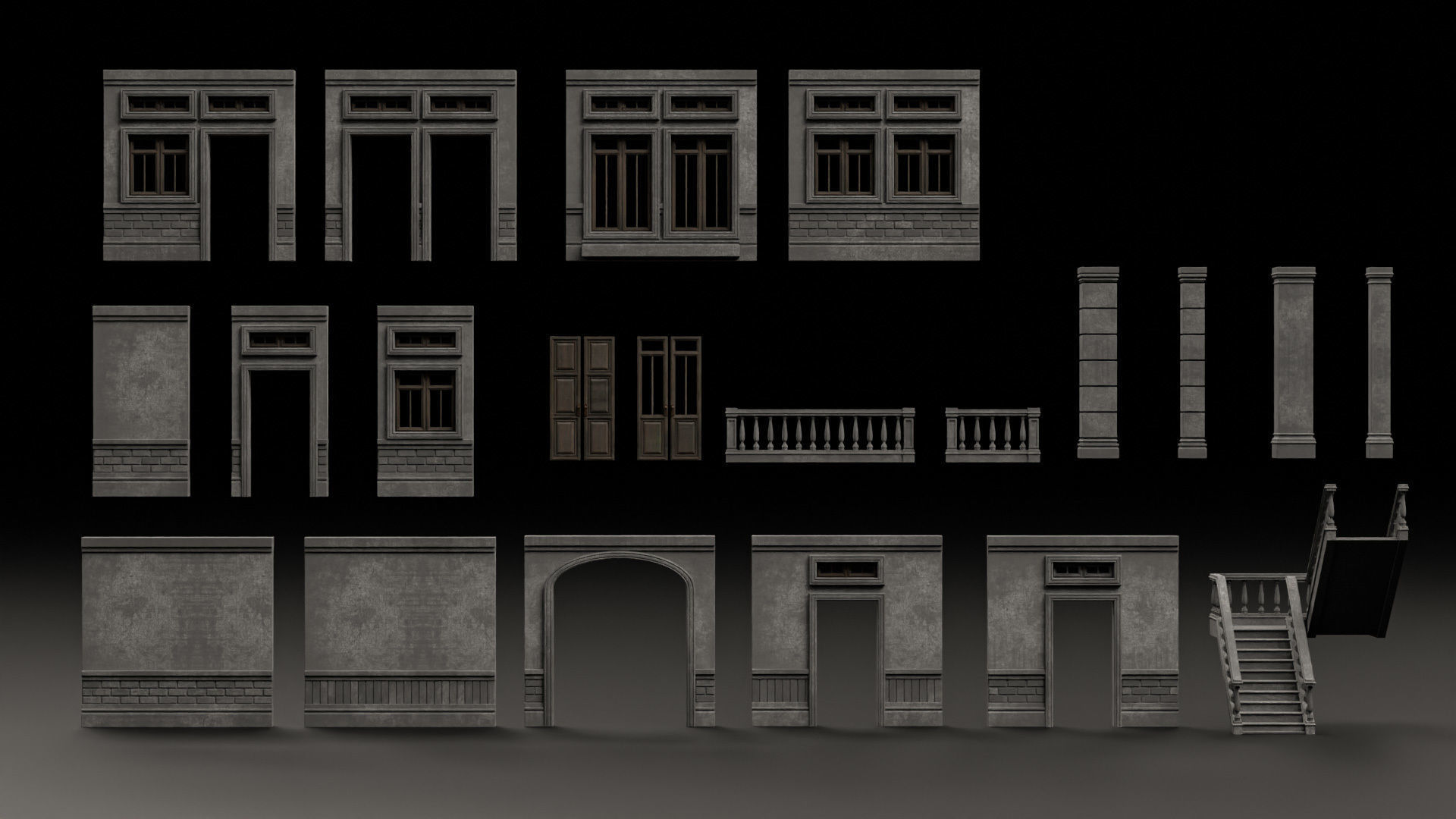 CLASSIC EUROPEAN KITBASH 01 MODULAR BUILDING WITH INTERIOR Low-poly 3D model_5