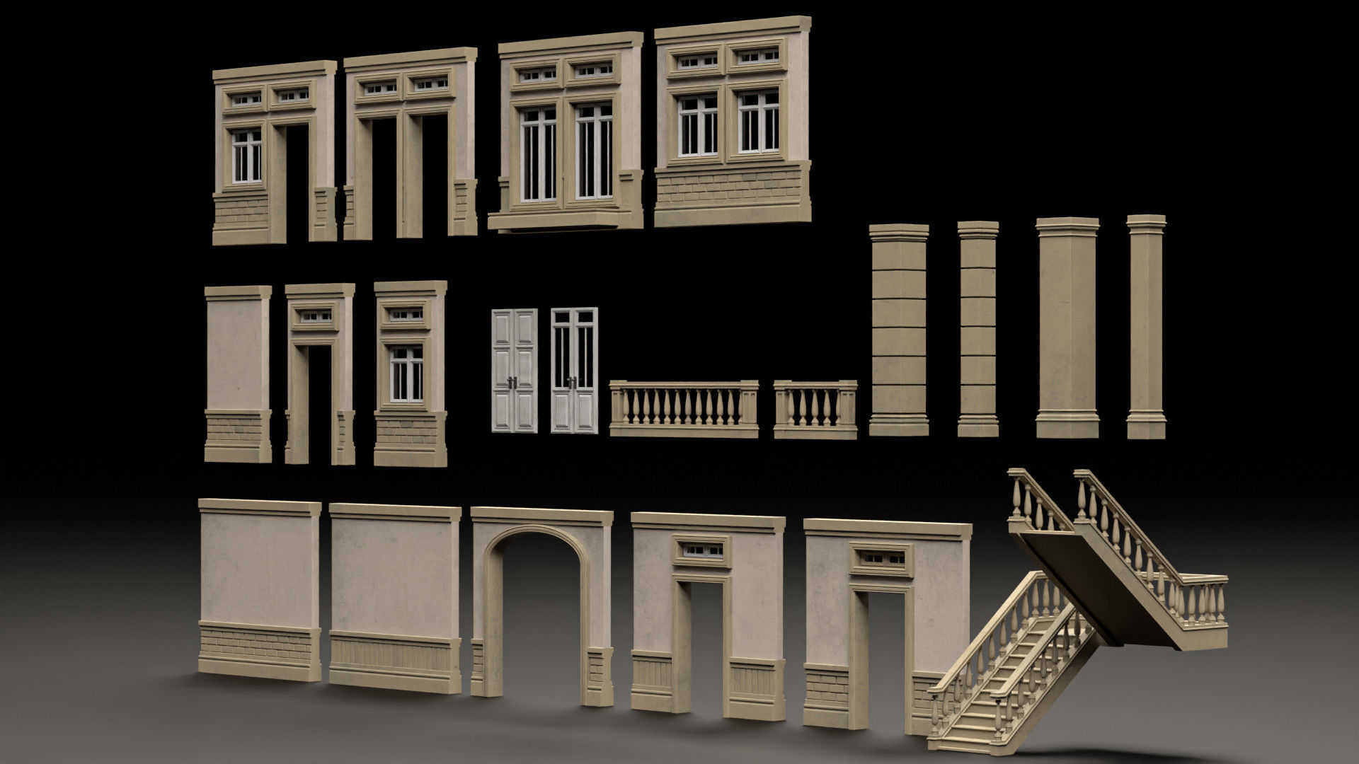 CLASSIC EUROPEAN KITBASH 01 MODULAR BUILDING WITH INTERIOR Low-poly 3D model_7