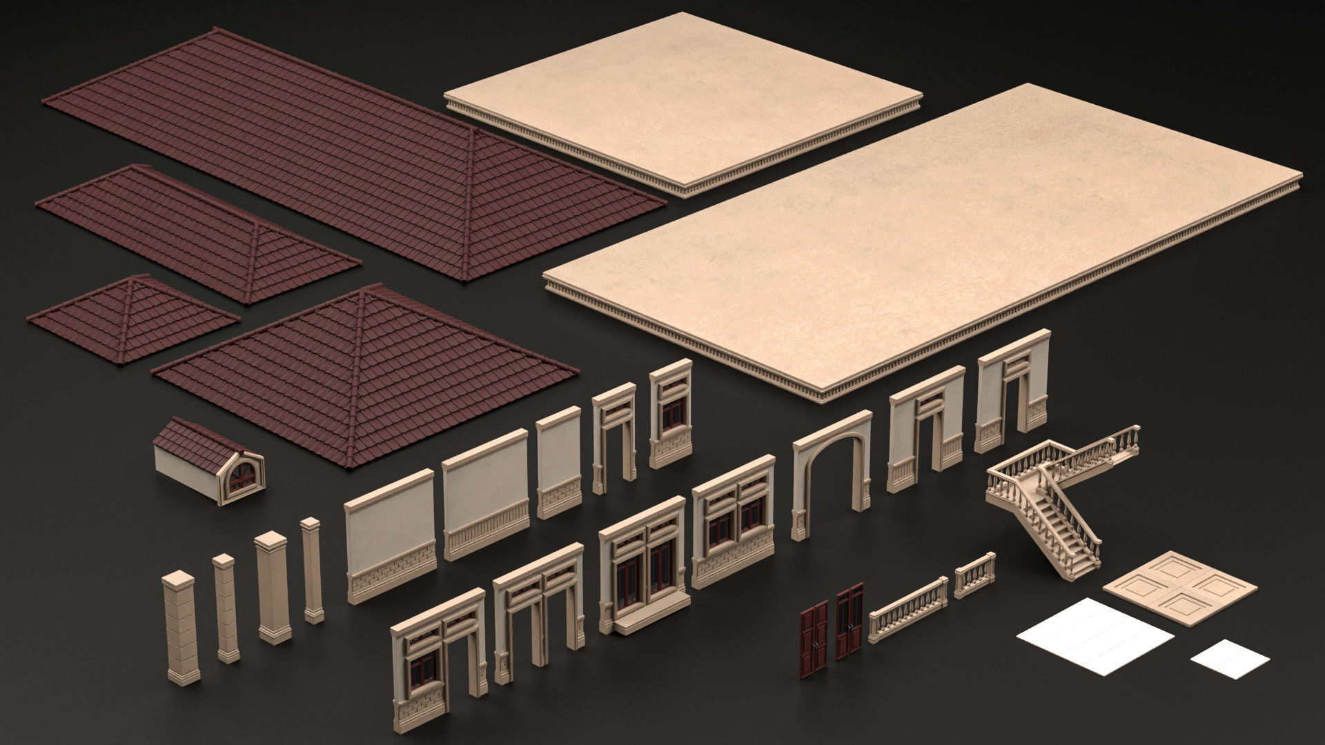 CLASSIC EUROPEAN KITBASH 01 MODULAR BUILDING WITH INTERIOR Low-poly 3D model_11